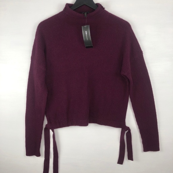 BCBGMaxazria Ribbed Side-Tie Sweater in Dark Purpl - Picture 2 of 5